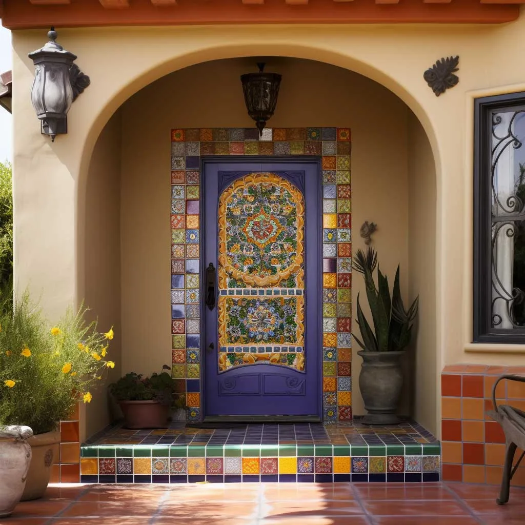 Mediterranean-style exterior door header trim with colorful tiles and ornate details