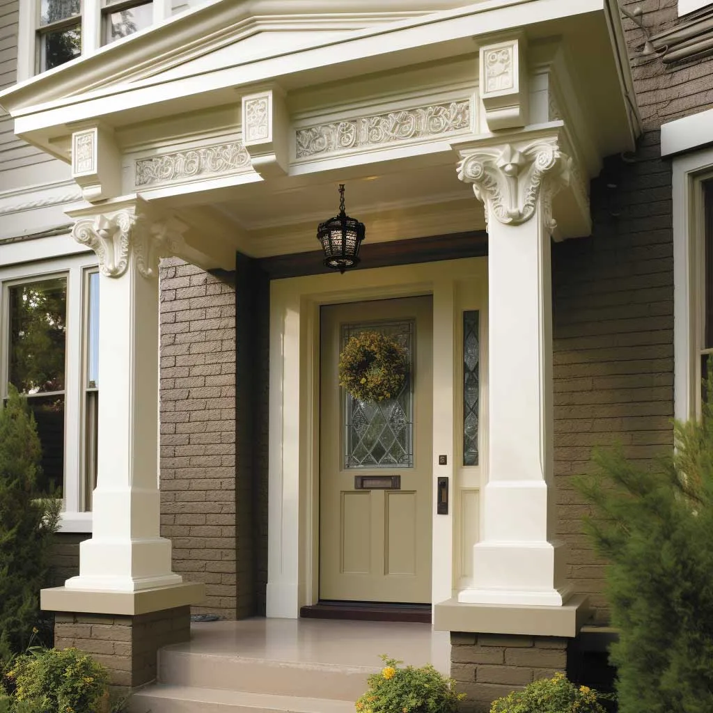 Craftsman-style exterior door header trim with dentil molding and corbels
