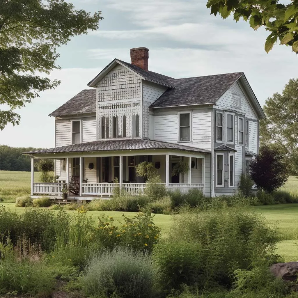 A charming two-story farmhouse exterior against a backdrop of a flourishing, verdant landscape