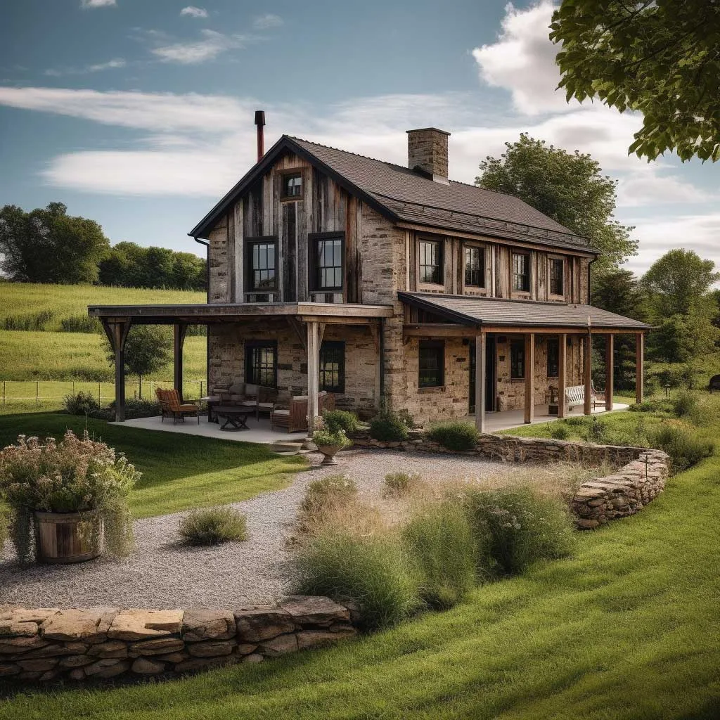 A serene farmhouse surrounded by lush green fields showcasing a rustic exterior design