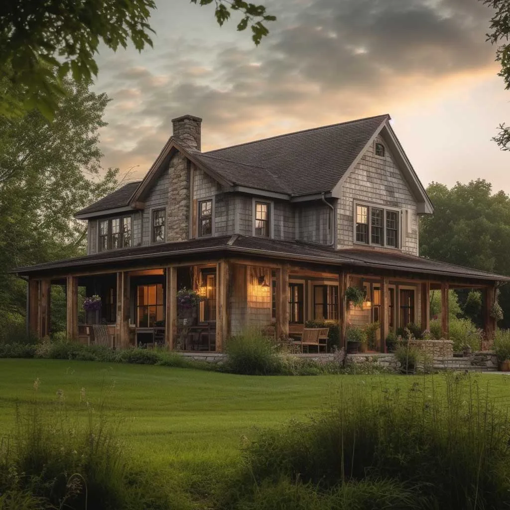 A serene farmhouse surrounded by lush green fields showcasing a rustic exterior design