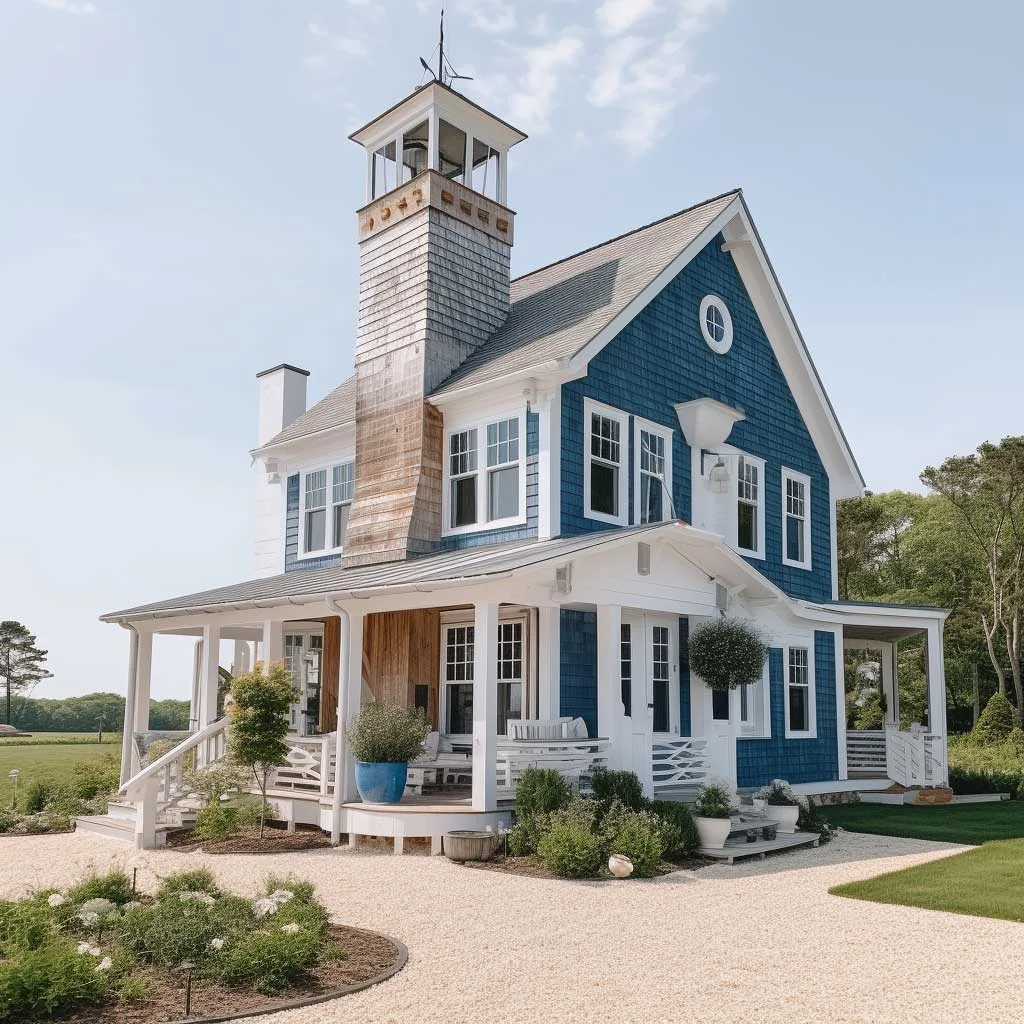 A stunning nautical-themed farmhouse exterior showcasing blue and white hues
