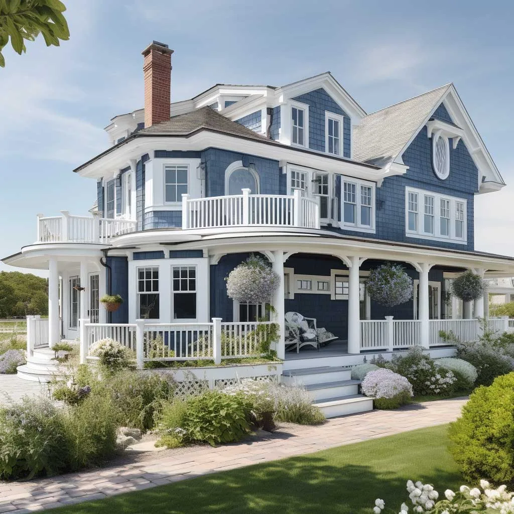 A stunning nautical-themed farmhouse exterior showcasing blue and white hues
