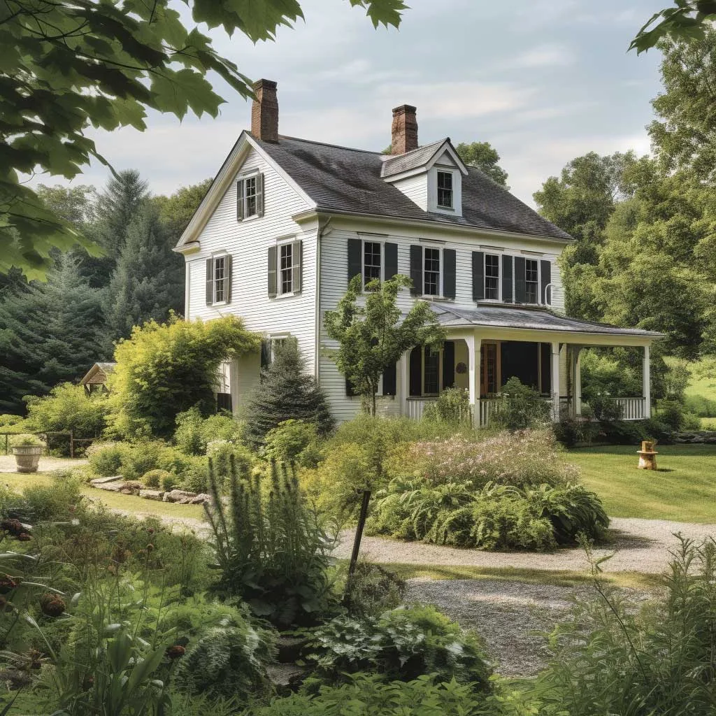 A charming two-story farmhouse exterior against a backdrop of a flourishing, verdant landscape