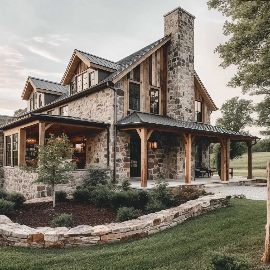 An appealing farmhouse exterior with a combination of wooden and stone accents