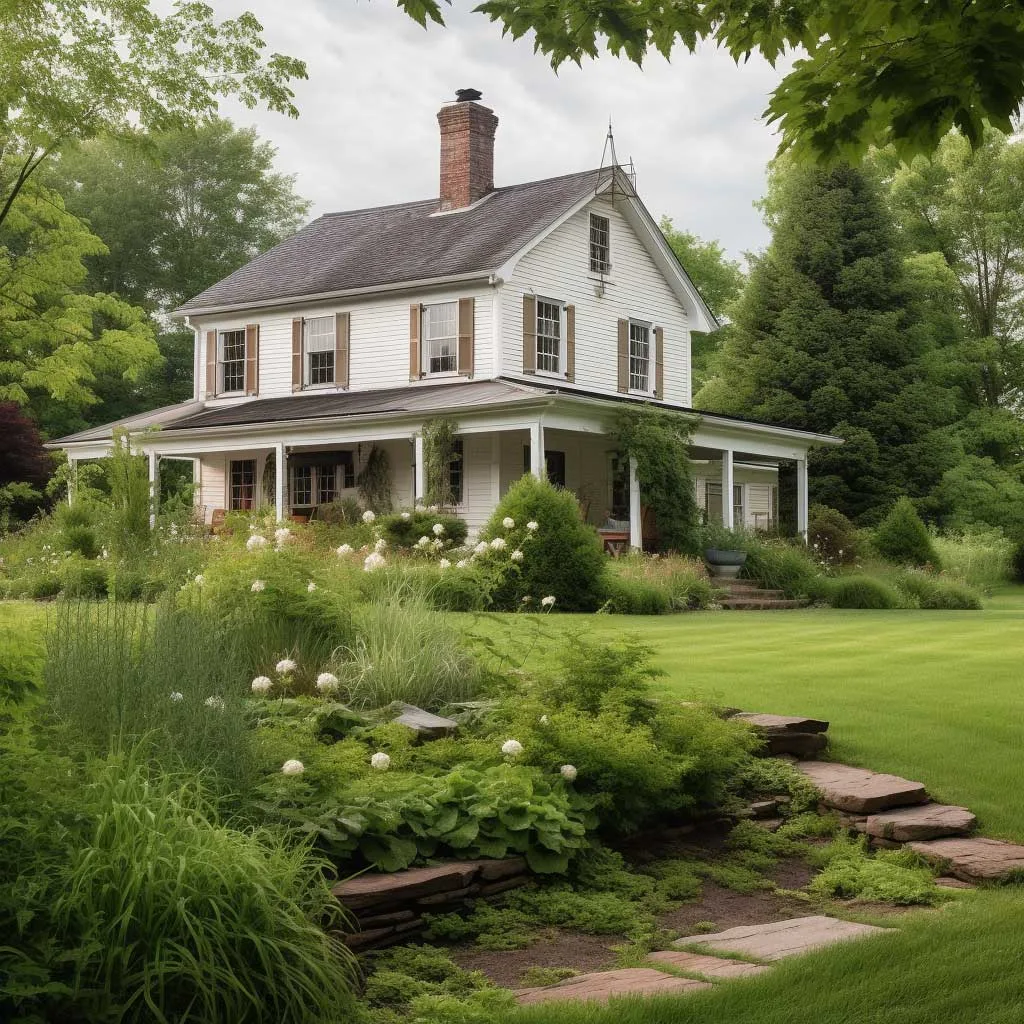 A charming two-story farmhouse exterior against a backdrop of a flourishing, verdant landscape
