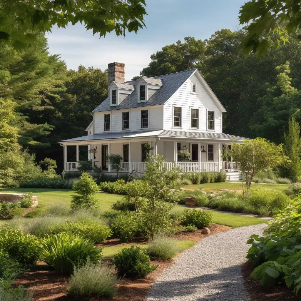 A charming two-story farmhouse exterior against a backdrop of a flourishing, verdant landscape
