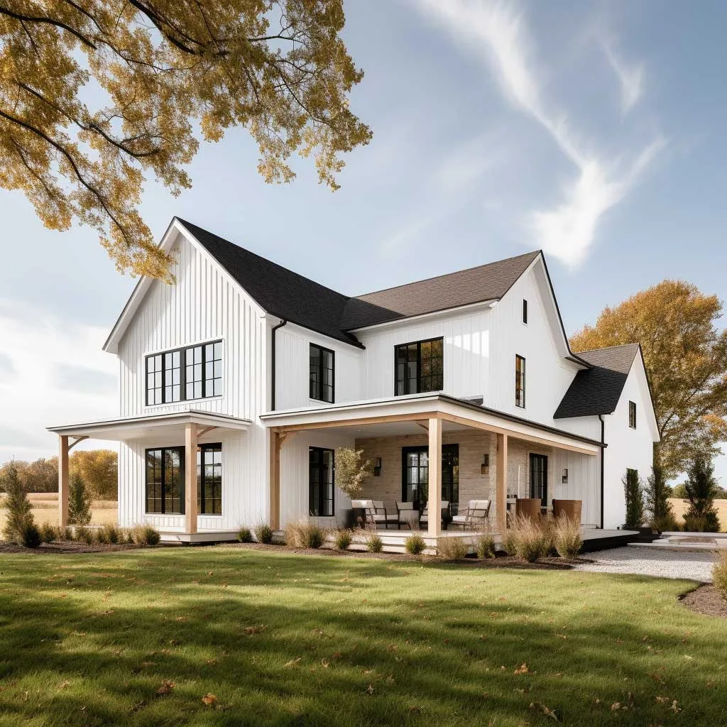 A modern farmhouse with clean lines and chic white exterior set against a clear blue sky