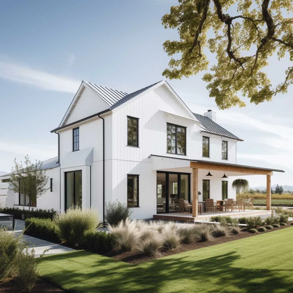 A modern farmhouse with clean lines and chic white exterior set against a clear blue sky