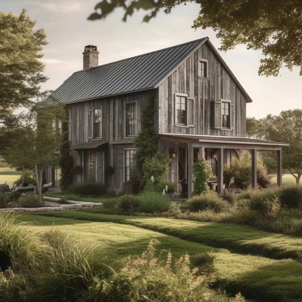 A serene farmhouse surrounded by lush green fields showcasing a rustic exterior design