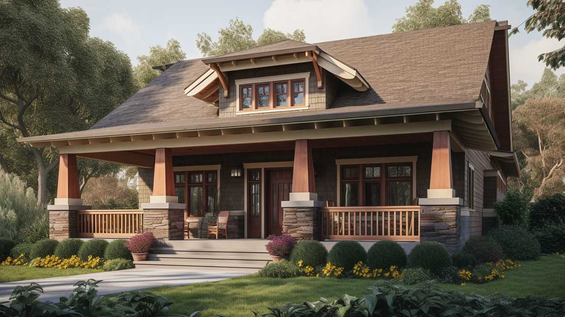 Craftsman-style front porch with tapered columns and wooden detailing