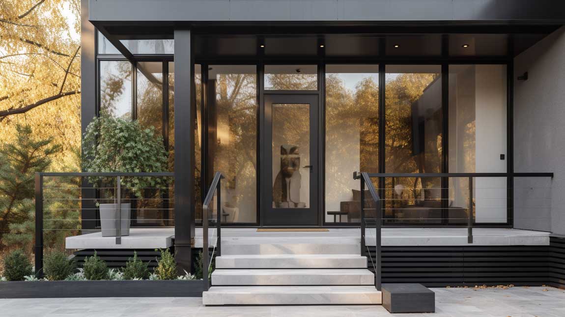 Modern front porch with sleek metal columns and glass railing