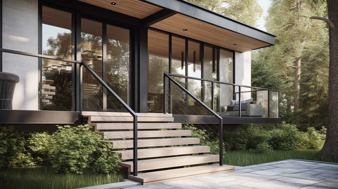 Modern front porch with sleek metal columns and glass railing