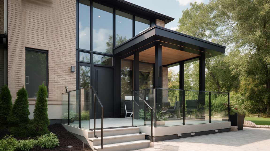 Modern front porch with sleek metal columns and glass railing