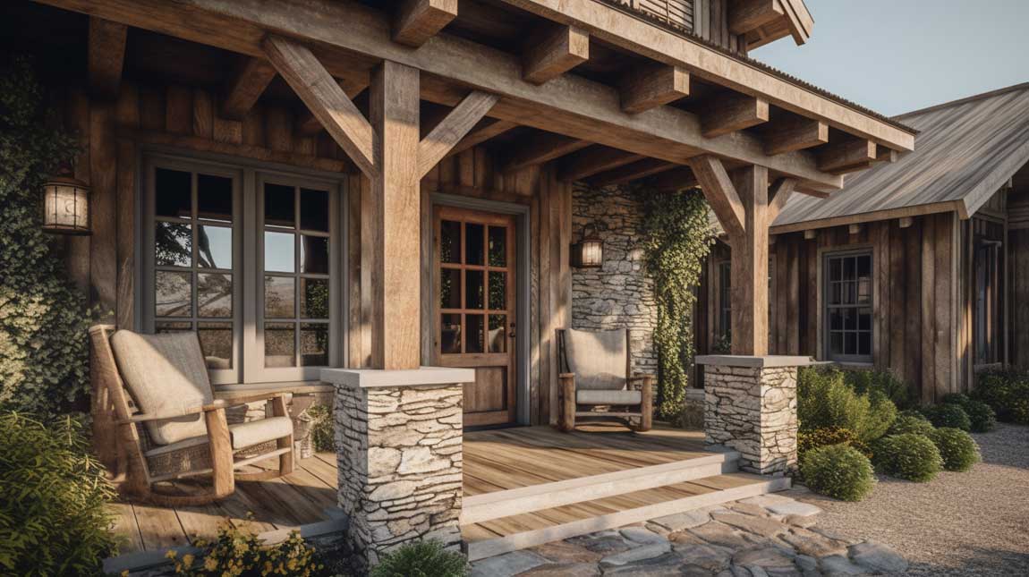 Rustic front porch with reclaimed wood columns and natural stone accents