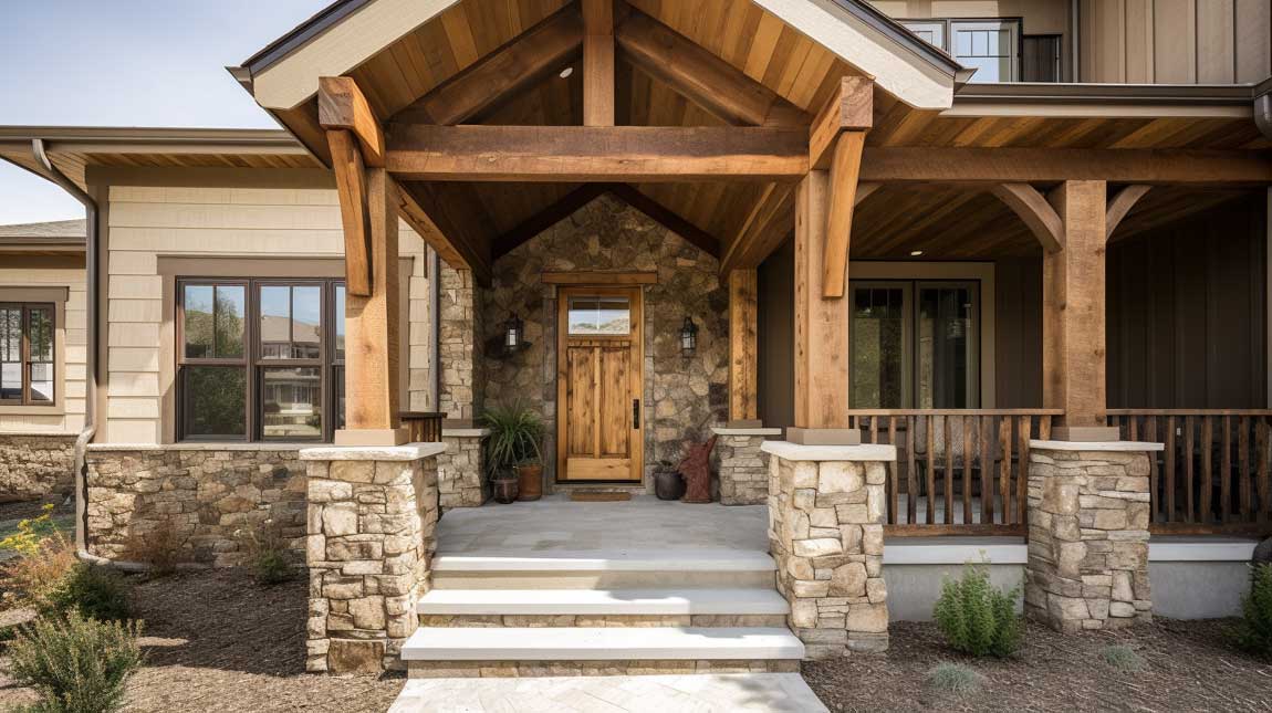 Rustic front porch with reclaimed wood columns and natural stone accents