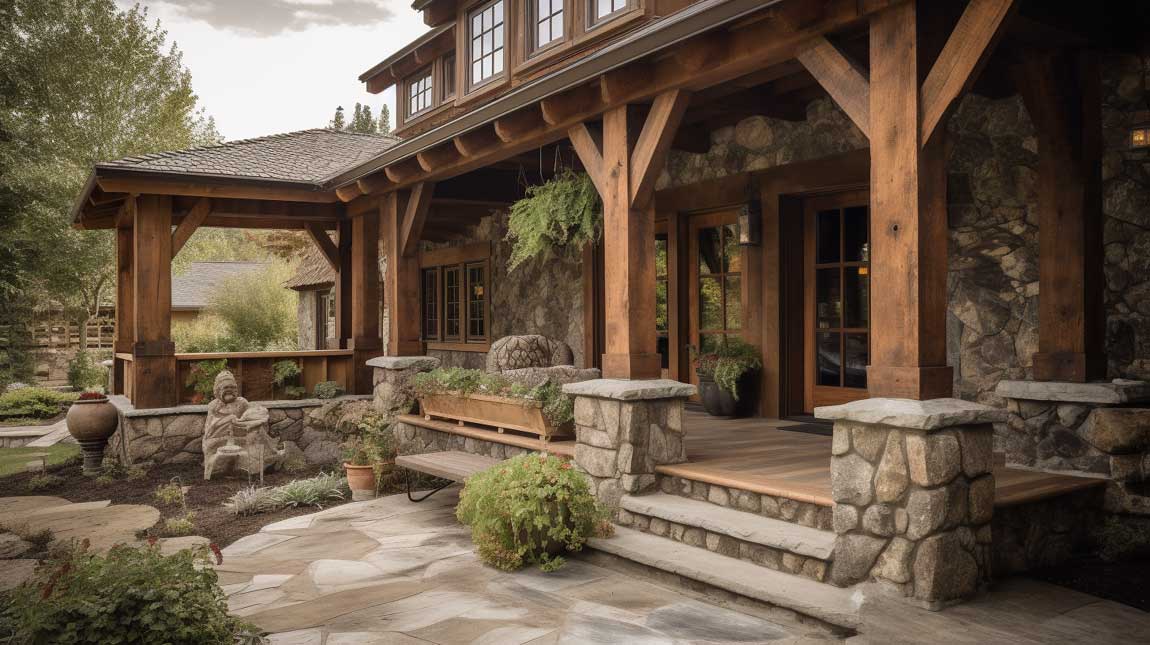 Rustic front porch with reclaimed wood columns and natural stone accents