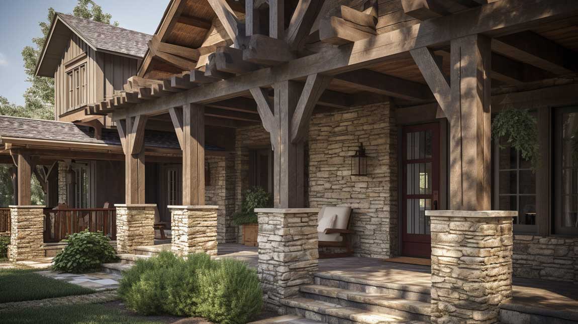 Rustic front porch with reclaimed wood columns and natural stone accents