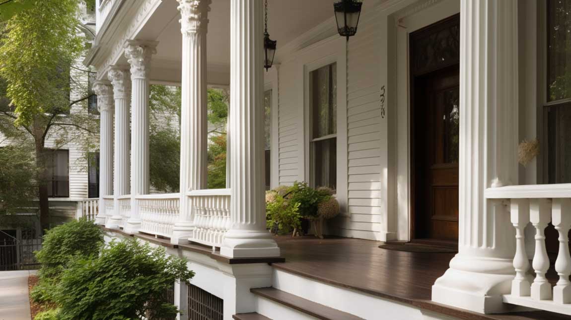 Traditional front porch with elegant white columns and wooden railing