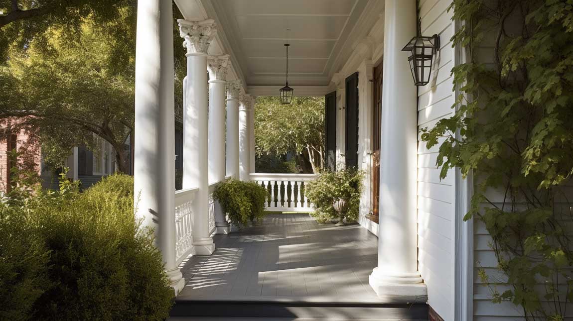 Traditional front porch with elegant white columns and wooden railing