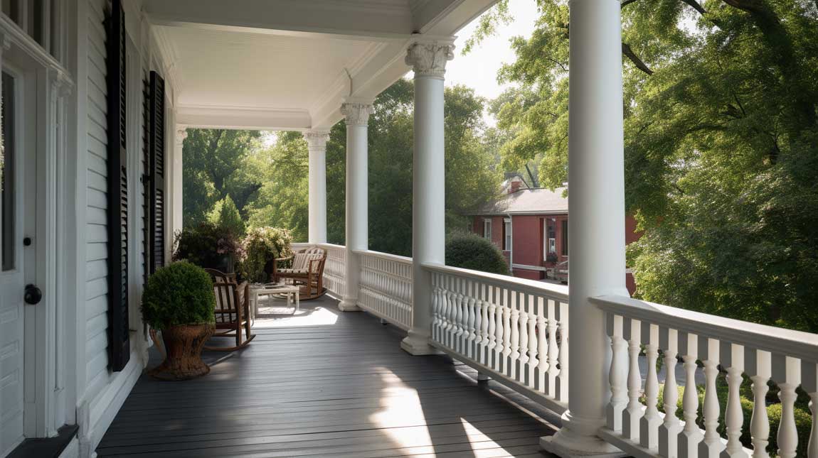 Traditional front porch with elegant white columns and wooden railing