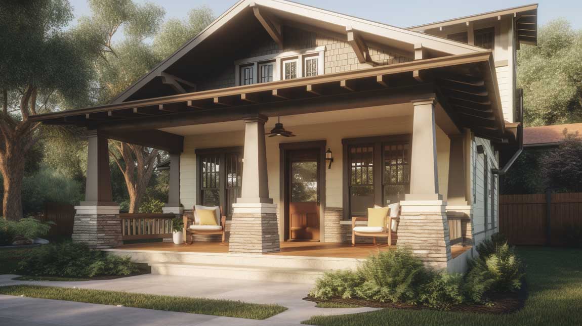 Craftsman-style front porch with tapered columns and wooden detailing