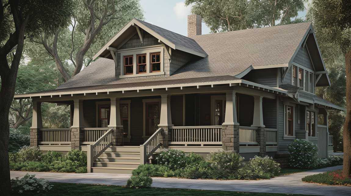 Craftsman-style front porch with tapered columns and wooden detailing