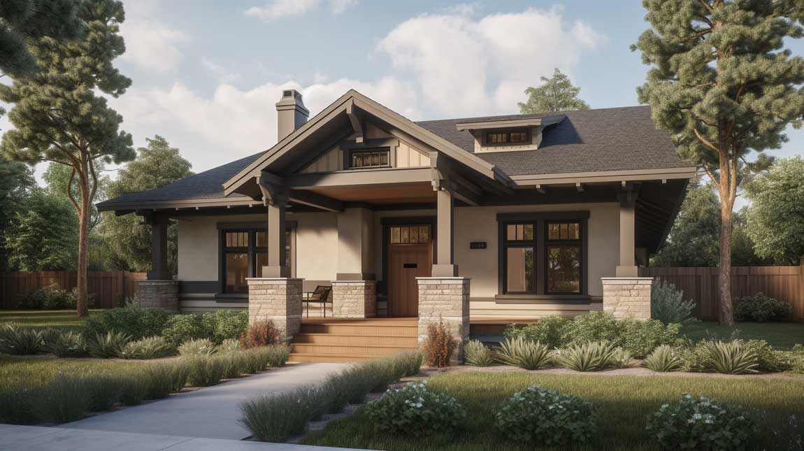 Craftsman-style front porch with tapered columns and wooden detailing
