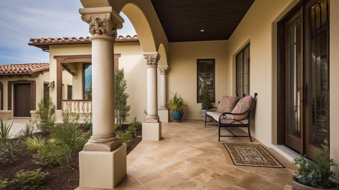 Mediterranean-inspired front porch with stucco columns and colorful tile accents