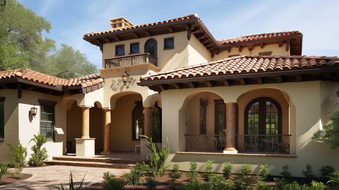 Mediterranean-inspired front porch with stucco columns and colorful tile accents