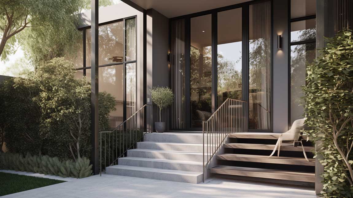 Modern front porch with sleek metal columns and glass railing