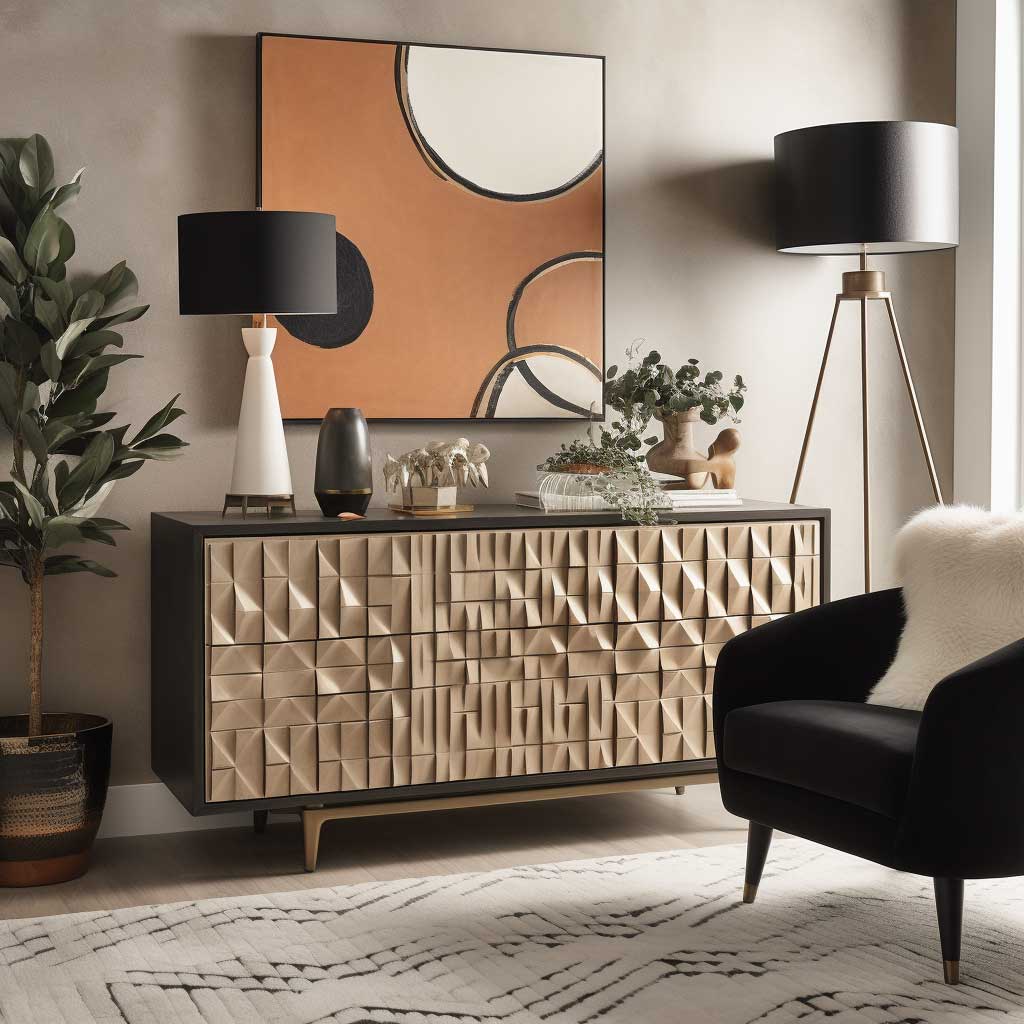 Cozy living room scene featuring a standout geometric design dresser, adding a stylish and functional element to the space.