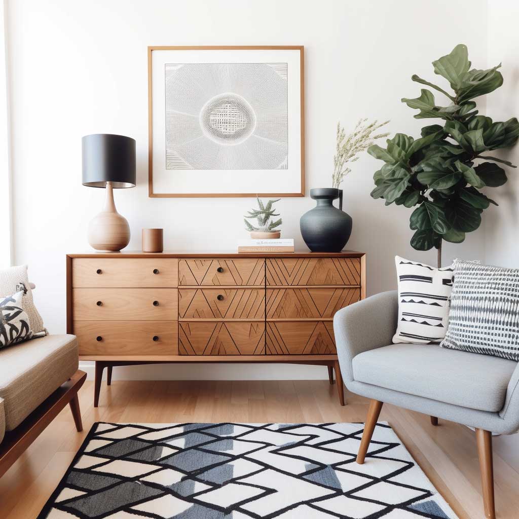 Cozy living room scene featuring a standout geometric design dresser, adding a stylish and functional element to the space.
