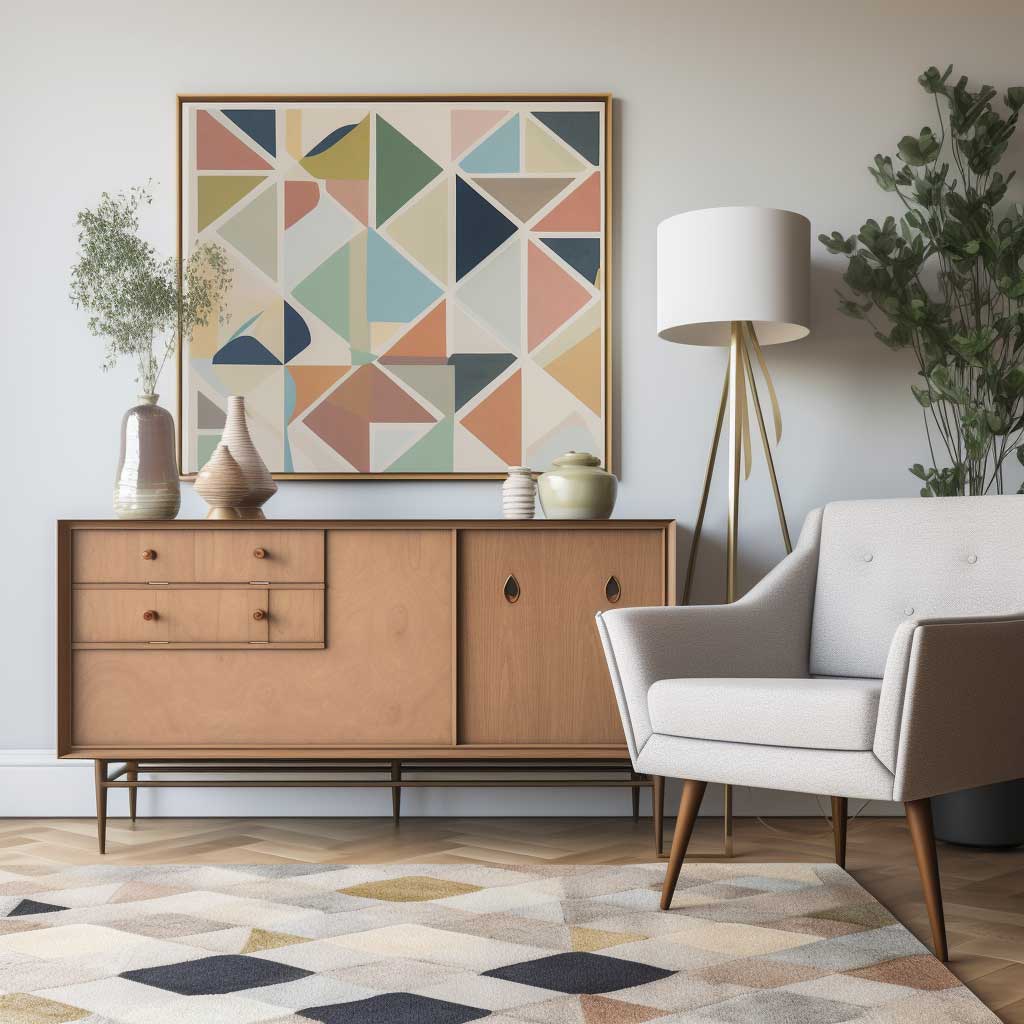 Cozy living room scene featuring a standout geometric design dresser, adding a stylish and functional element to the space.