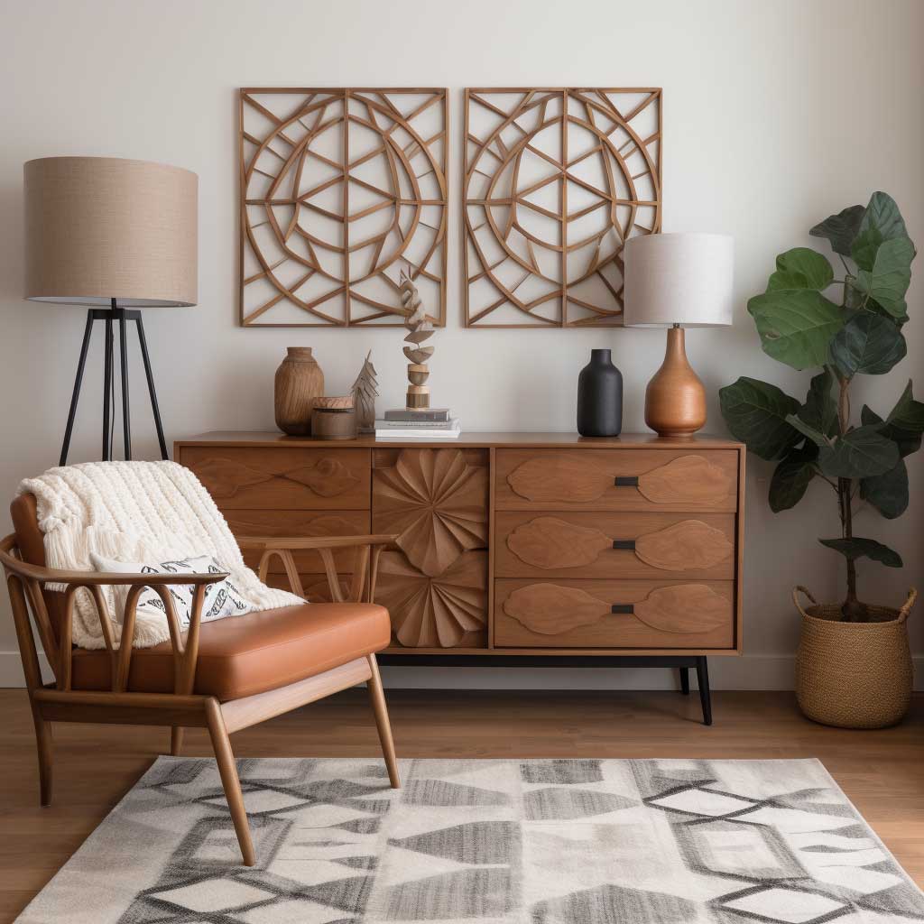 Cozy living room scene featuring a standout geometric design dresser, adding a stylish and functional element to the space.
