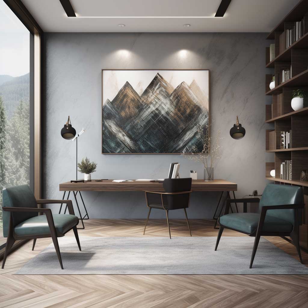 Geometric mountain art adorning the wall in a sophisticated office space.