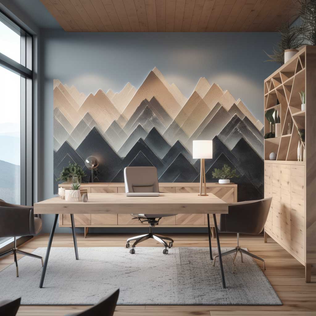 Geometric mountain art adorning the wall in a sophisticated office space.