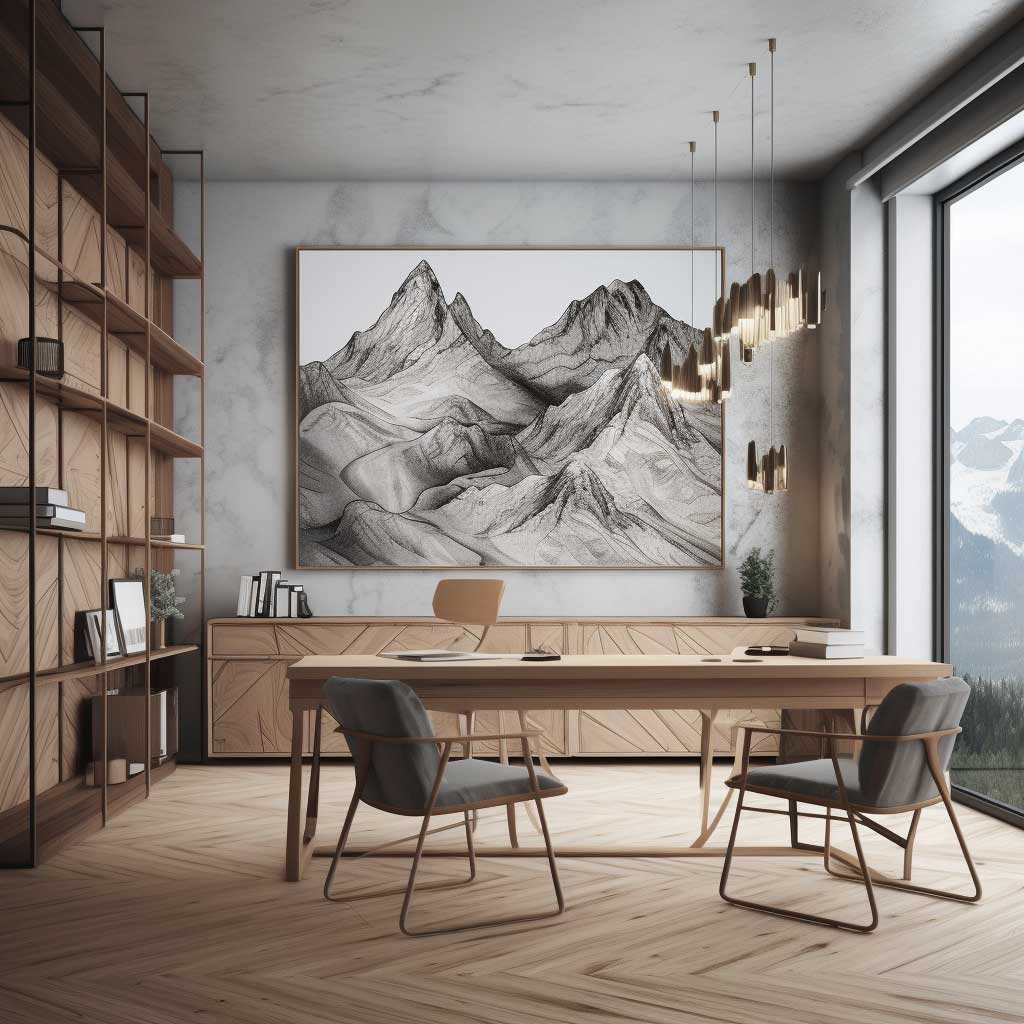 Geometric mountain art adorning the wall in a sophisticated office space.