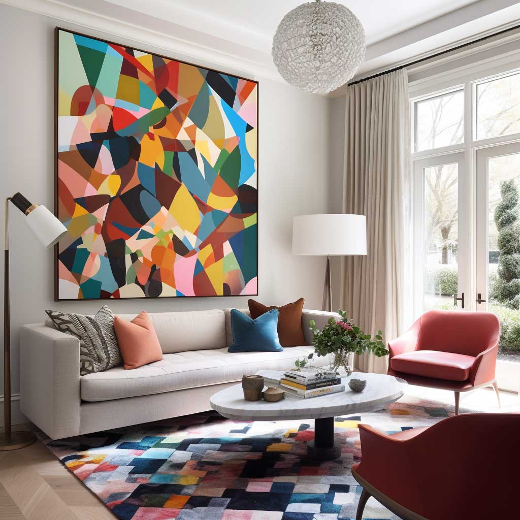 A photograph of a bright, modern living room with a large, colorful geometric painting hanging above a sleek, white sofa.