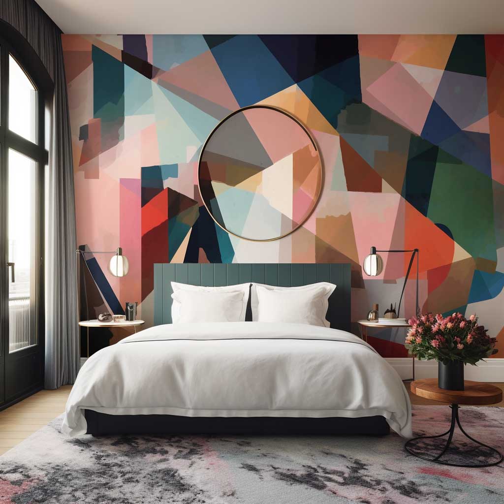 An image of a chic bedroom featuring a large geometric painting wall with vibrant hues, beautifully contrasting with the minimalist white bed and furniture.