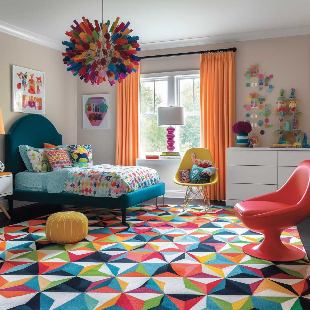 Kaleidoscope Play – Geometric Pattern Carpet in a Vibrant Kids Room