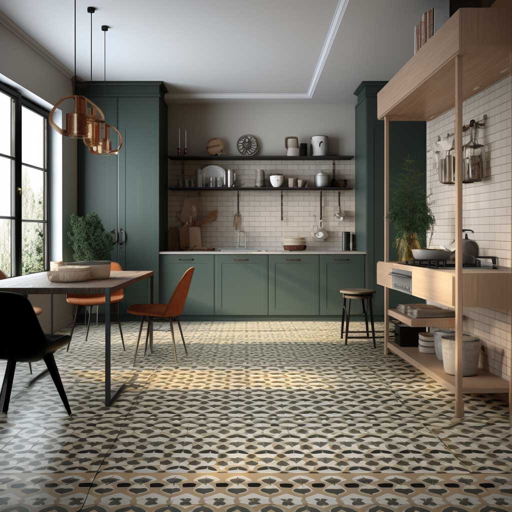 A stylish kitchen showcasing geometric pattern floor tiles, creating a vibrant and engaging visual layout.