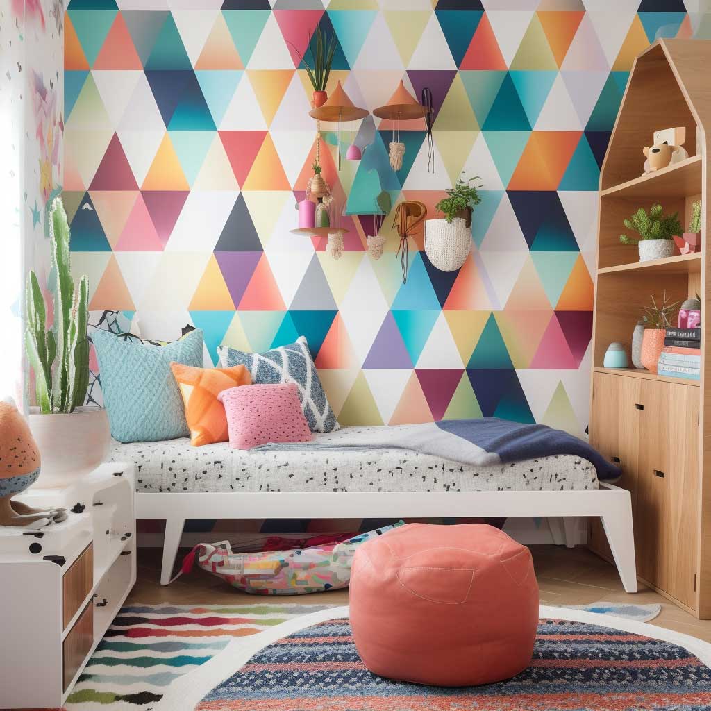An imaginative kids' room featuring a vibrant geometric pattern wallpaper, stylish furniture, and playful decor.