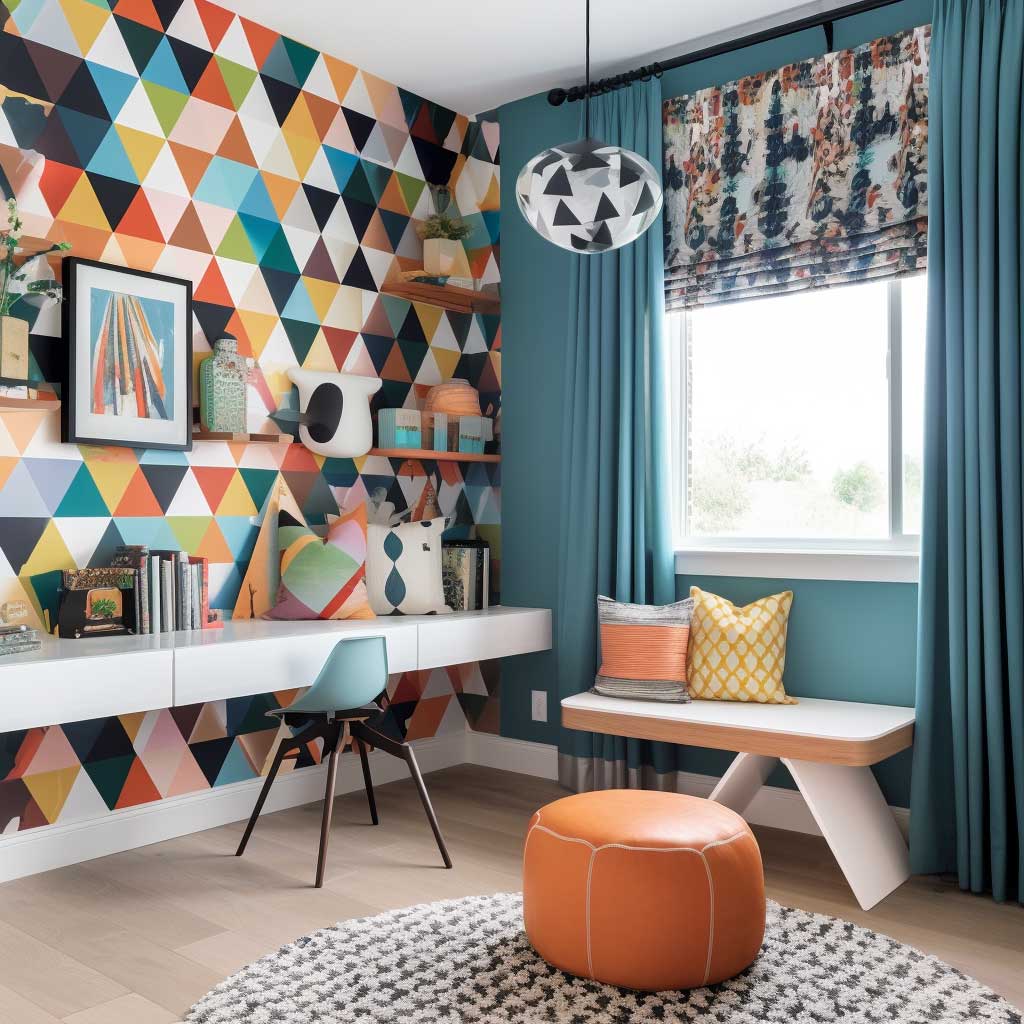 An imaginative kids' room featuring a vibrant geometric pattern wallpaper, stylish furniture, and playful decor.