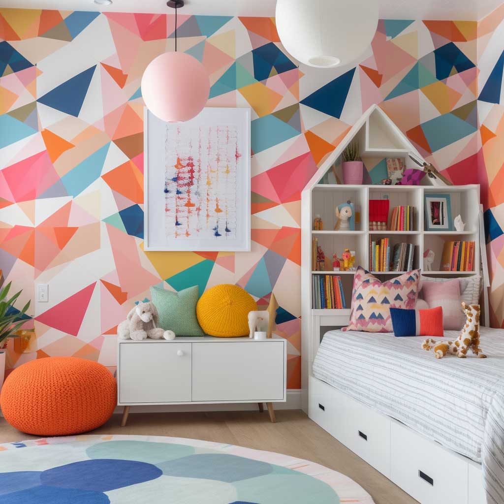 An imaginative kids' room featuring a vibrant geometric pattern wallpaper, stylish furniture, and playful decor.