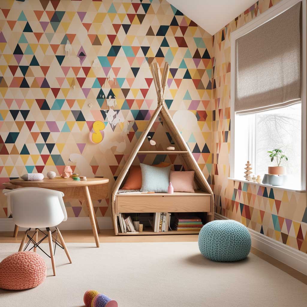 An imaginative kids' room featuring a vibrant geometric pattern wallpaper, stylish furniture, and playful decor.