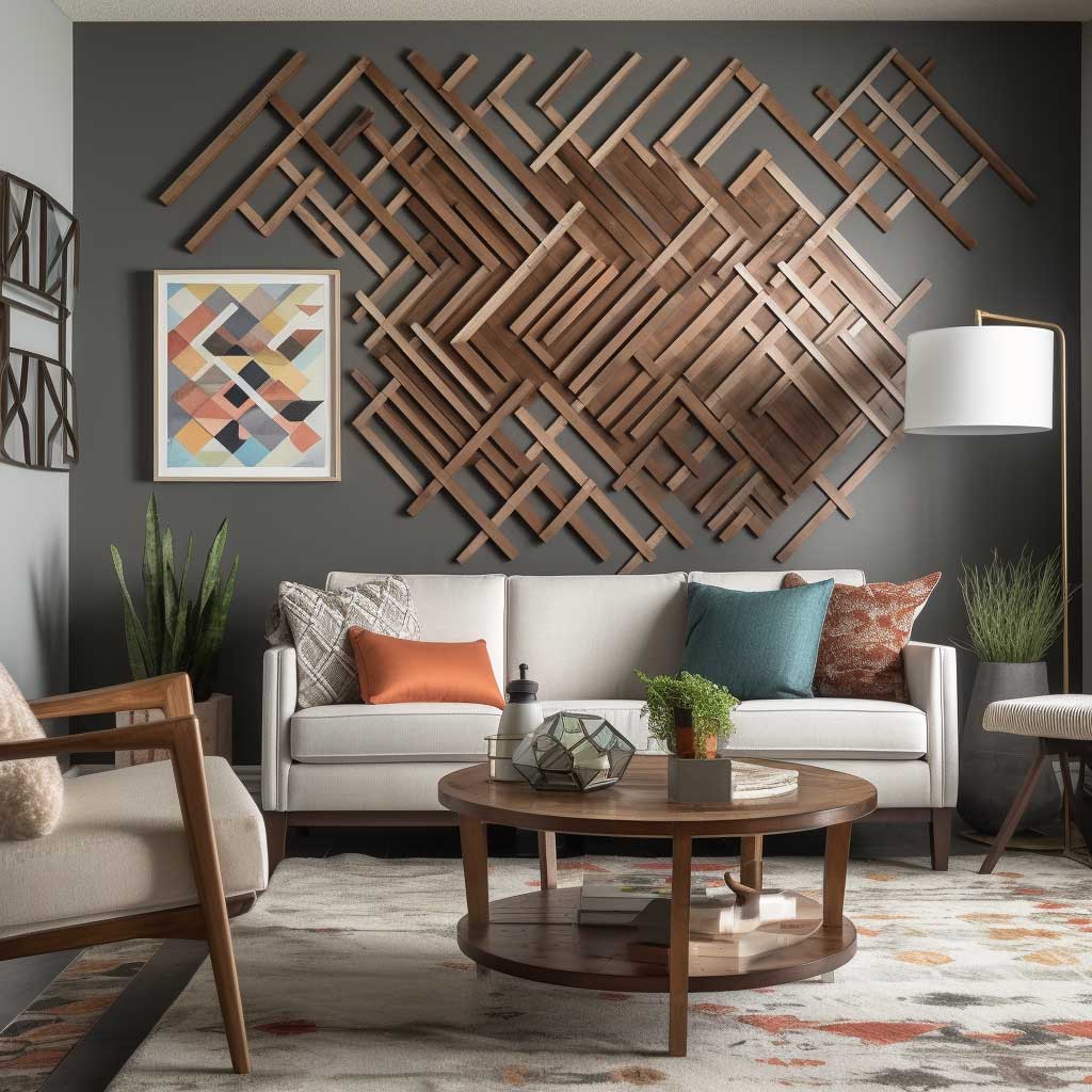 Geometric Popsicle Stick Wall Art In A Stylish Modern Living Room