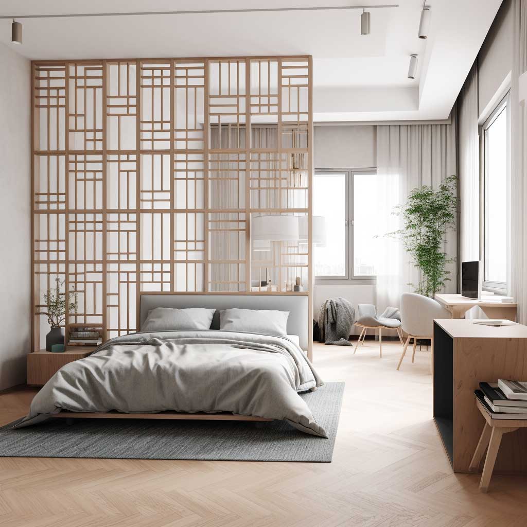 A minimalistic bedroom tastefully adorned with geometric room dividers, creating distinct spaces for sleep, work, and relaxation.