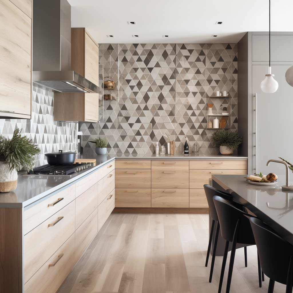 A contemporary kitchen featuring a geometric tile backsplash, adding visual interest and a touch of sophistication to the space