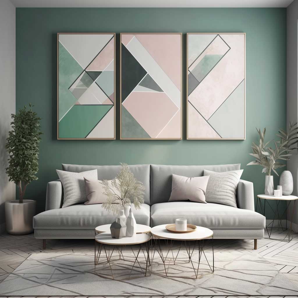 A stylish living room adorned with an eye-catching geometric wall art painting, introducing a dynamic visual element to the space.